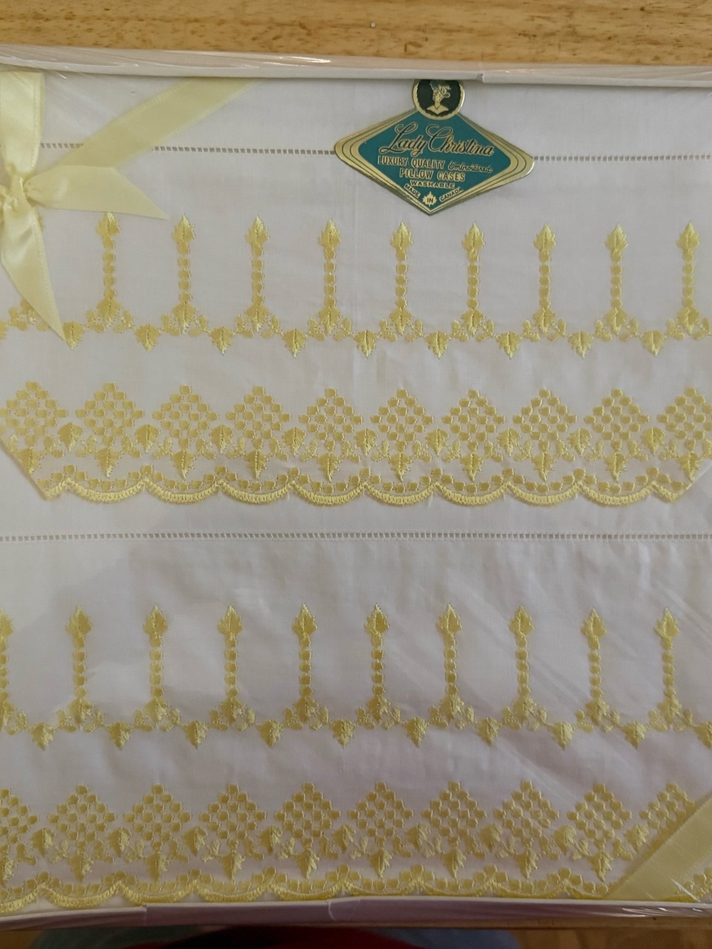 Lady Christina White Pillowcases with Pale Yellow Embroidery Vintage Original Bo